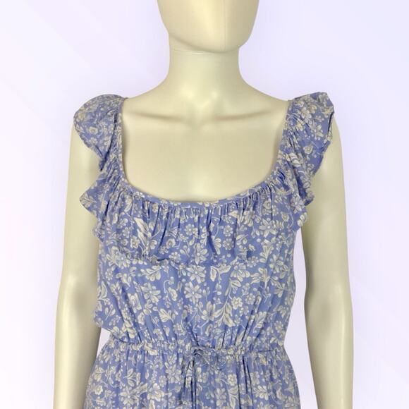 J Crew Blue & White Floral Midi Dress Ruffle Cottagecore  Summer Dress - Picture 2 of 7